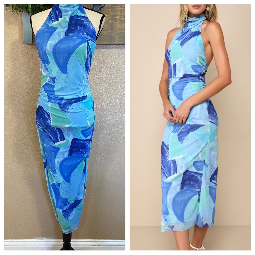 NWOT Lulus Idyllic in Ibiza Blue Abstract Print Mock Neck Halter Midi Dress